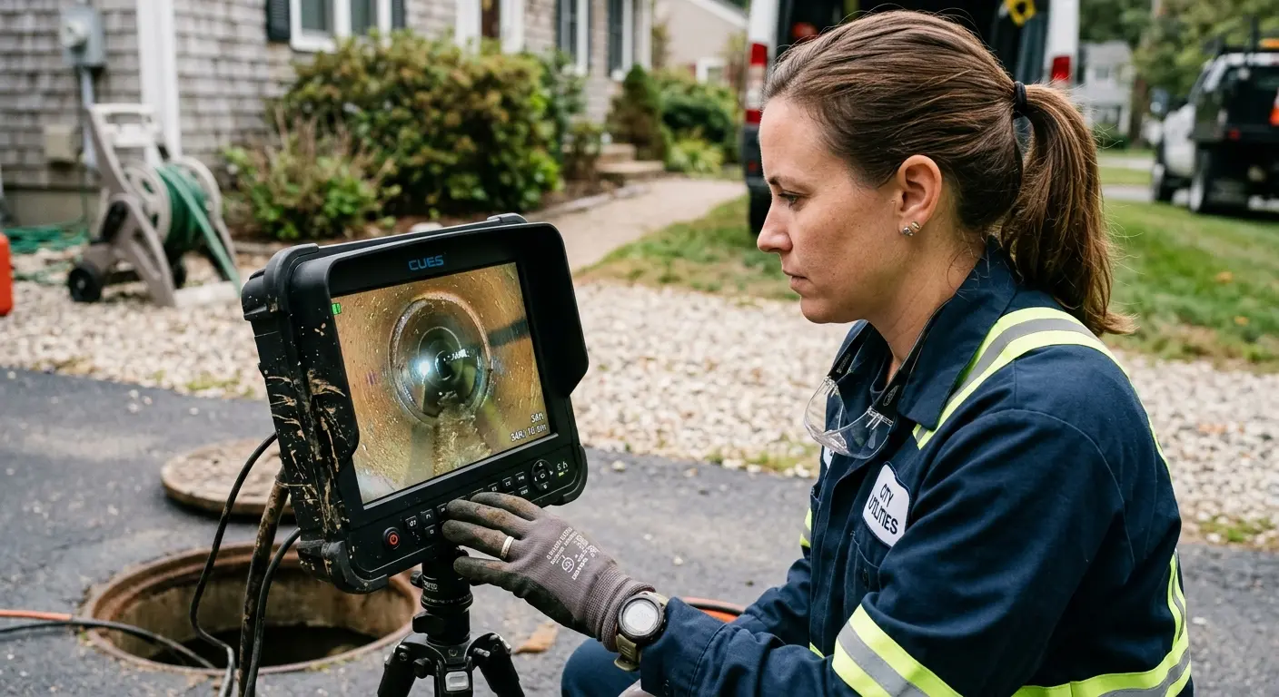 Technician reviewing sewer camera inspection footage in Clifton