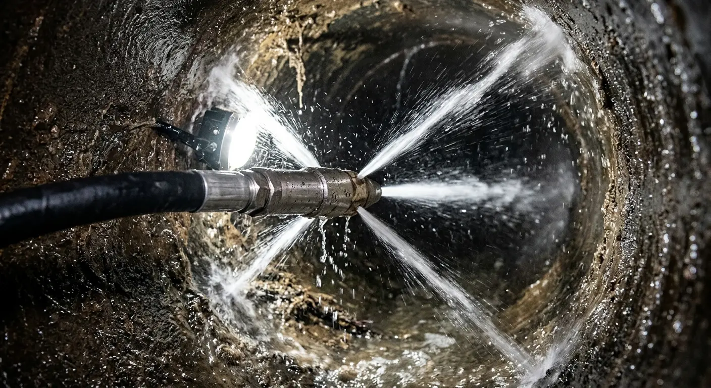 High-pressure hydro jetting nozzle cleaning sewer pipe for Emergency Drain Service in Clifton