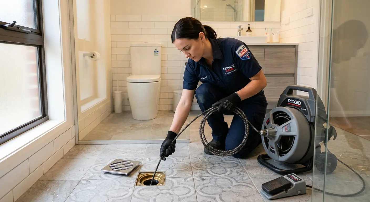 Technician clearing a bathroom floor drain for Hydro Jetting in Clifton